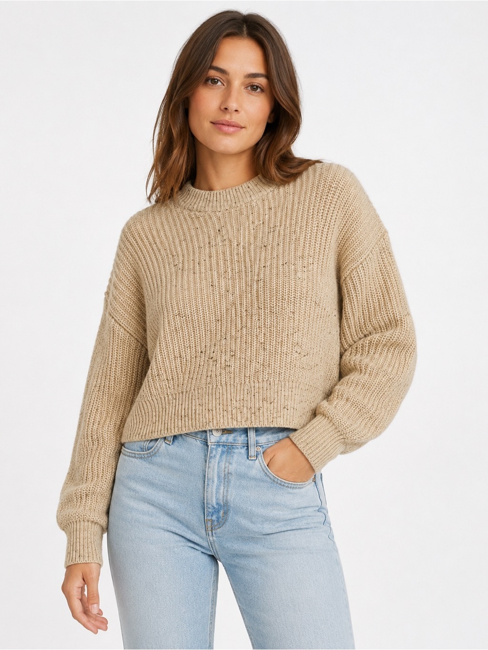 H&M Women’s XS Cream Flecked Chunky Knit Cotton Sweater Cropped Oversized